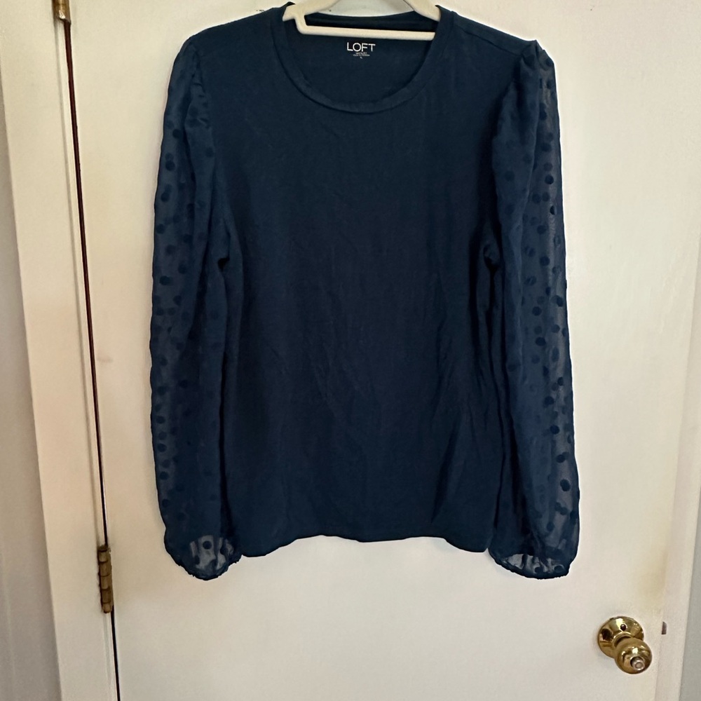 LOFT Blue Top with Sheer Polka Dotted Sleeves | Large
